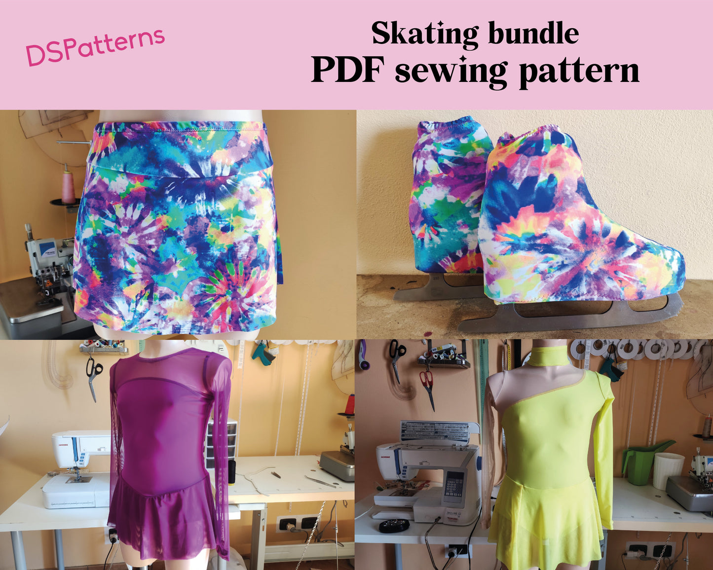 Bundle Cartamodelli per Abito da Pattinaggio Artistico e Accessori – Include 2 Abiti, Gonna e Copristivaletto
