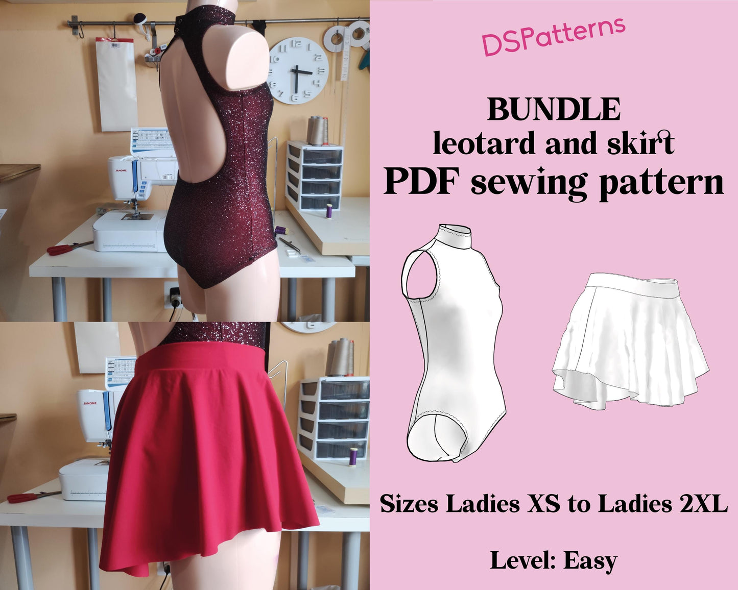 DIY Ballet Leotard and Skirt Sewing Pattern PDF – Leotard with High Collar and Open Back | Instant Download BUNDLE