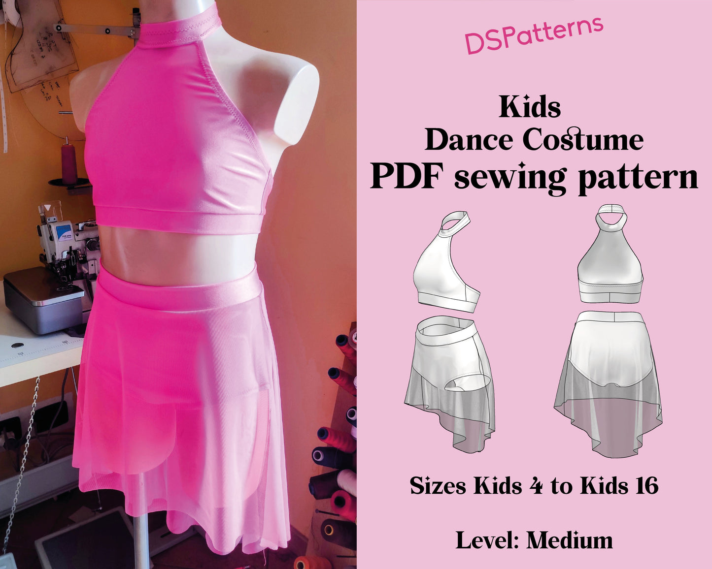 Cartamodello per Costume da Danza per Bambina – Top Halter & Gonna Asimmetrica (Taglie 4-16)