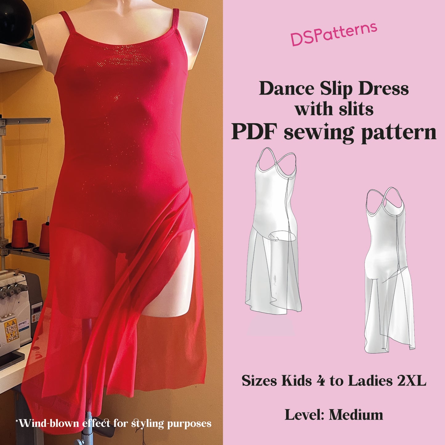 Slip Dance Dress with Slits PDF Sewing Pattern - Fitted Mesh Dress with Bodysuit Lining - Lyrical Dance Sizes 4y-XXL