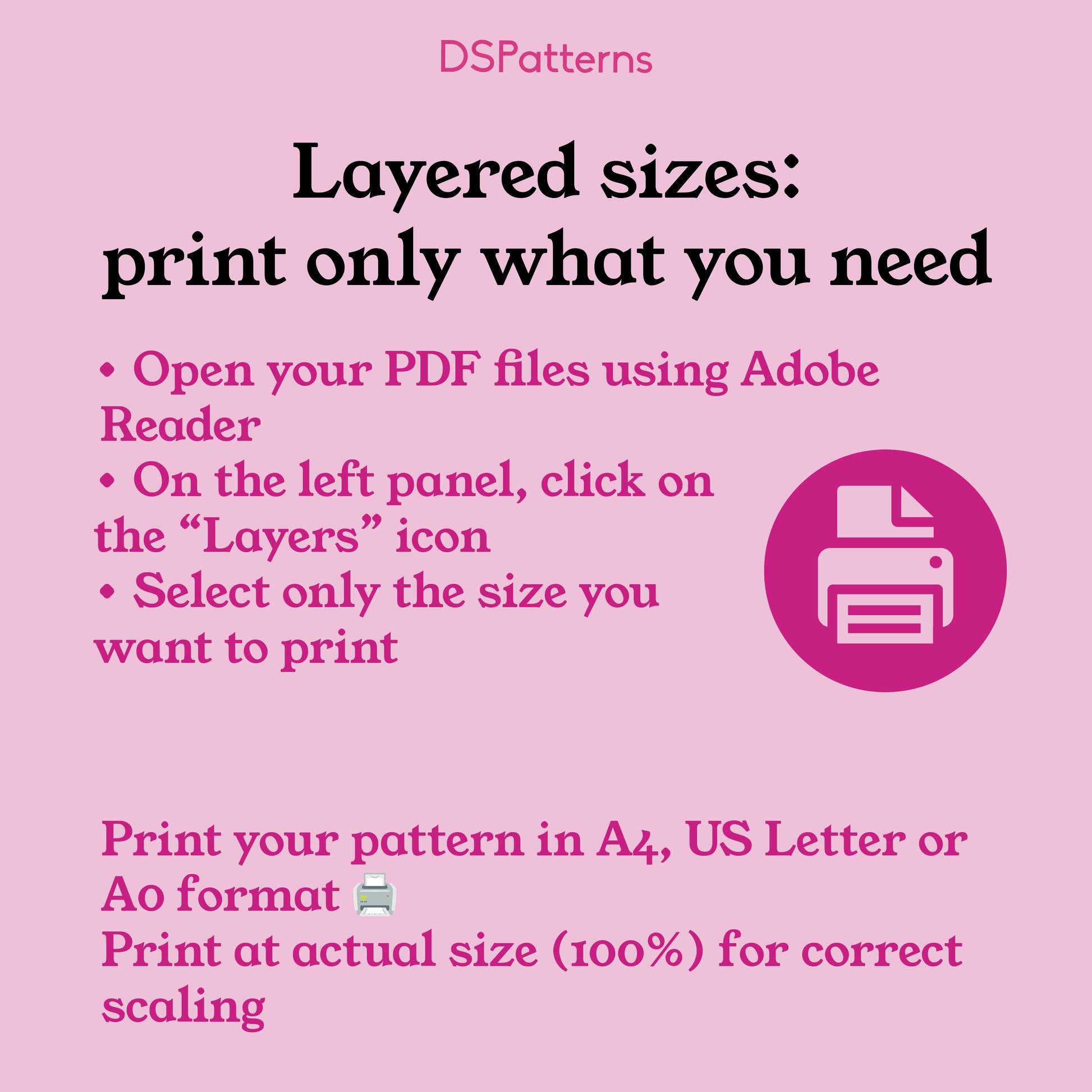 The image is a pink-colored guide with instructions on how to print a pattern, including opening Adobe Reader, selecting the desired size, and printing the pattern in A4, US Letter or A4 format at the actual size of 100%.