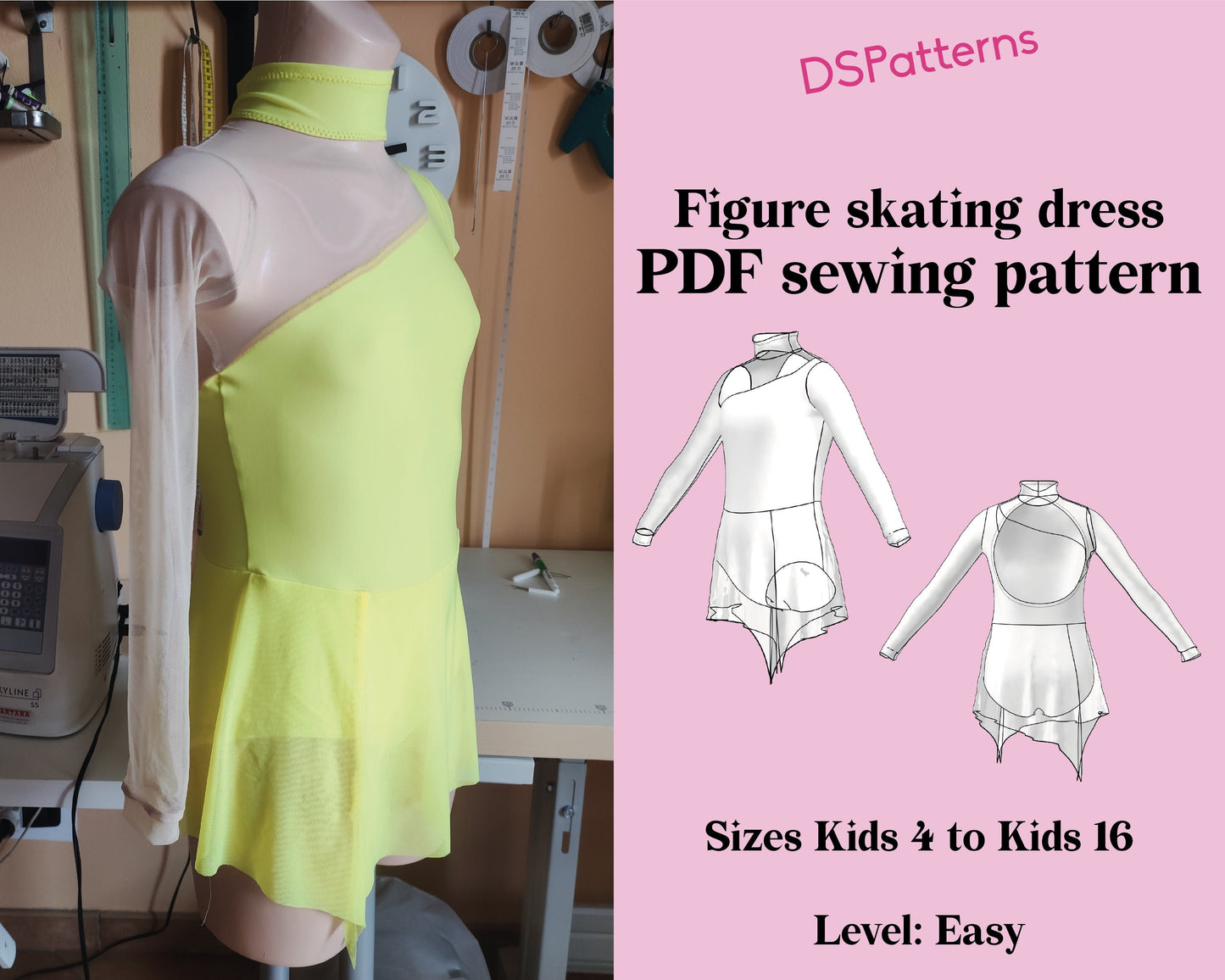 Figure Skating Dress Sewing Pattern – Kids Dress with Long Sleeve & High Collar