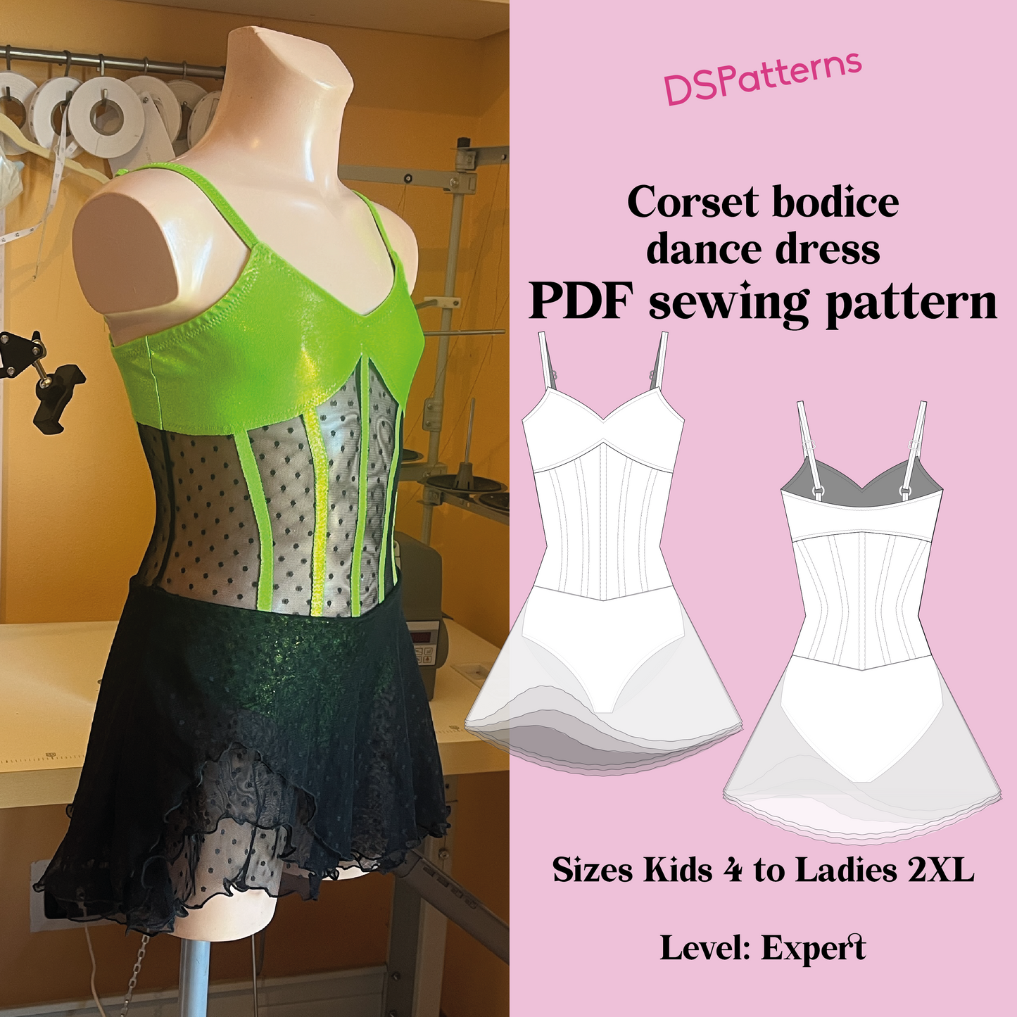 Modello di cucito per abito da ballo e pattinaggio – Gonna a strati con applicazioni sul corpetto – Costume da body avanzato in PDF – Taglie dalla 4 anni alla 2XL – Download immediato
