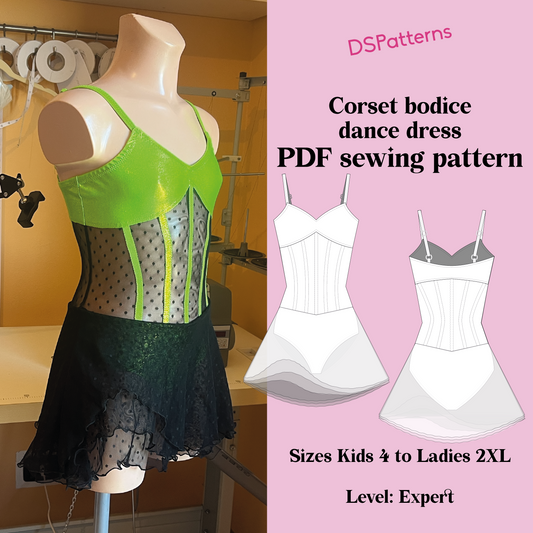Modello di cucito per abito da ballo e pattinaggio – Gonna a strati con applicazioni sul corpetto – Costume da body avanzato in PDF – Taglie dalla 4 anni alla 2XL – Download immediato