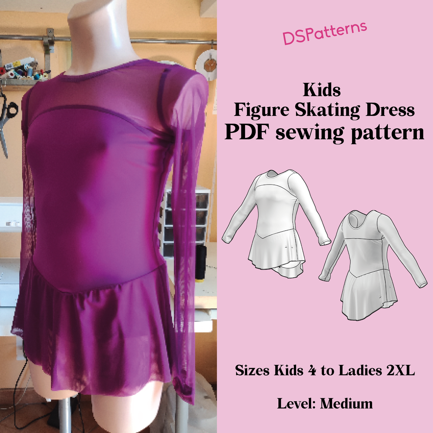 Figure Skating Dress Sewing Pattern – Long Sleeves & Flared Skirt - Kids and Woman Sizes