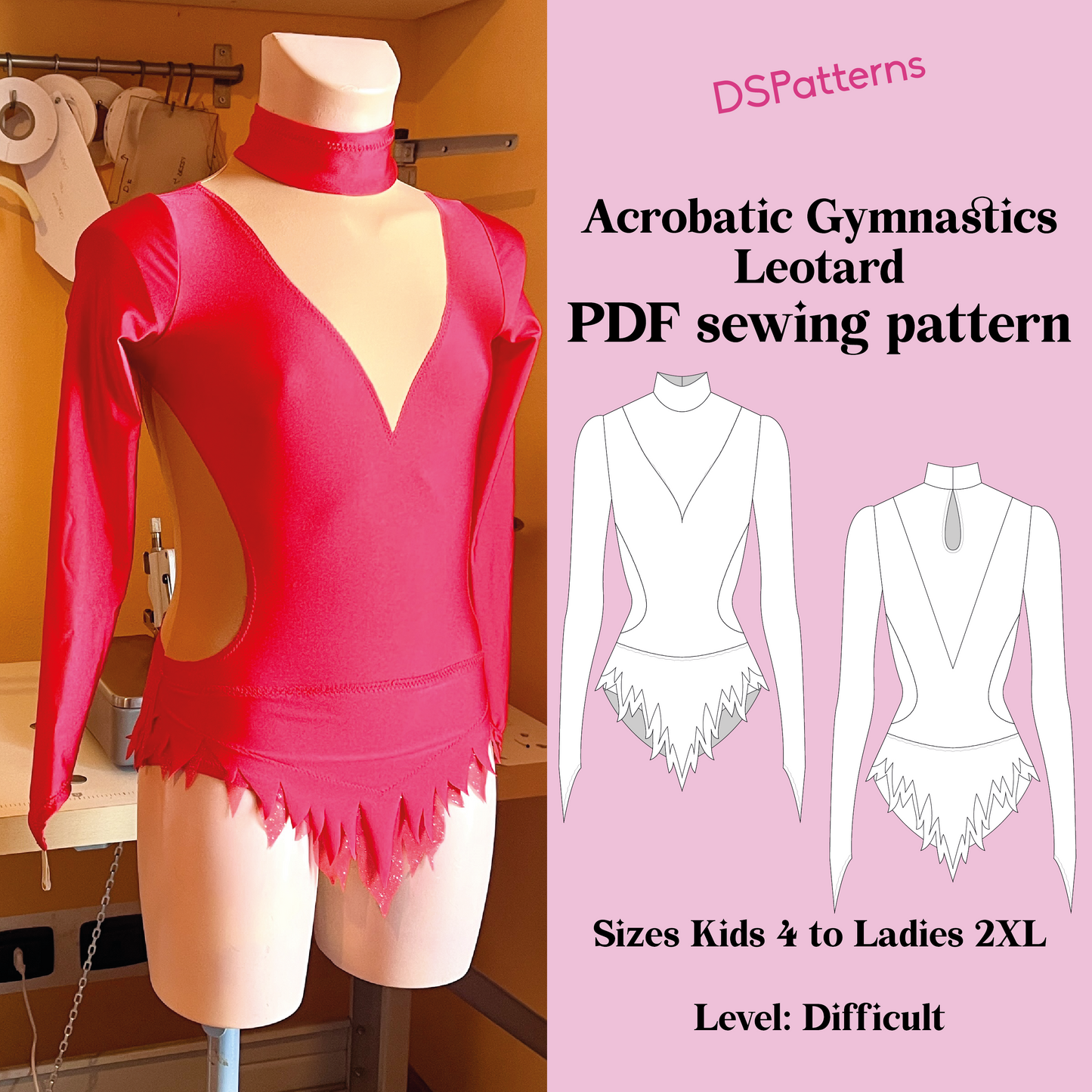 Modello di cucito per body da ginnastica acrobatica | Gonna con collo alto, maniche lunghe e orlo frastagliato | Download immediato