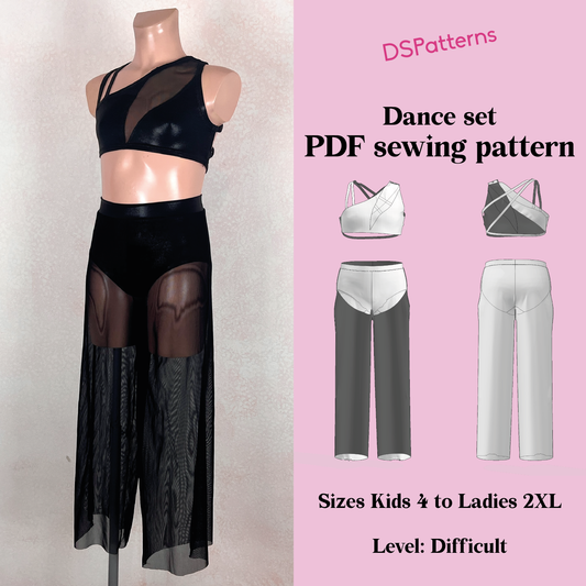 PDF Sewing Pattern – Dance Costume Set – Wide Leg Sheer Pants & Illusion Keyhole Top Stage Performance Outfit – Kids and Women