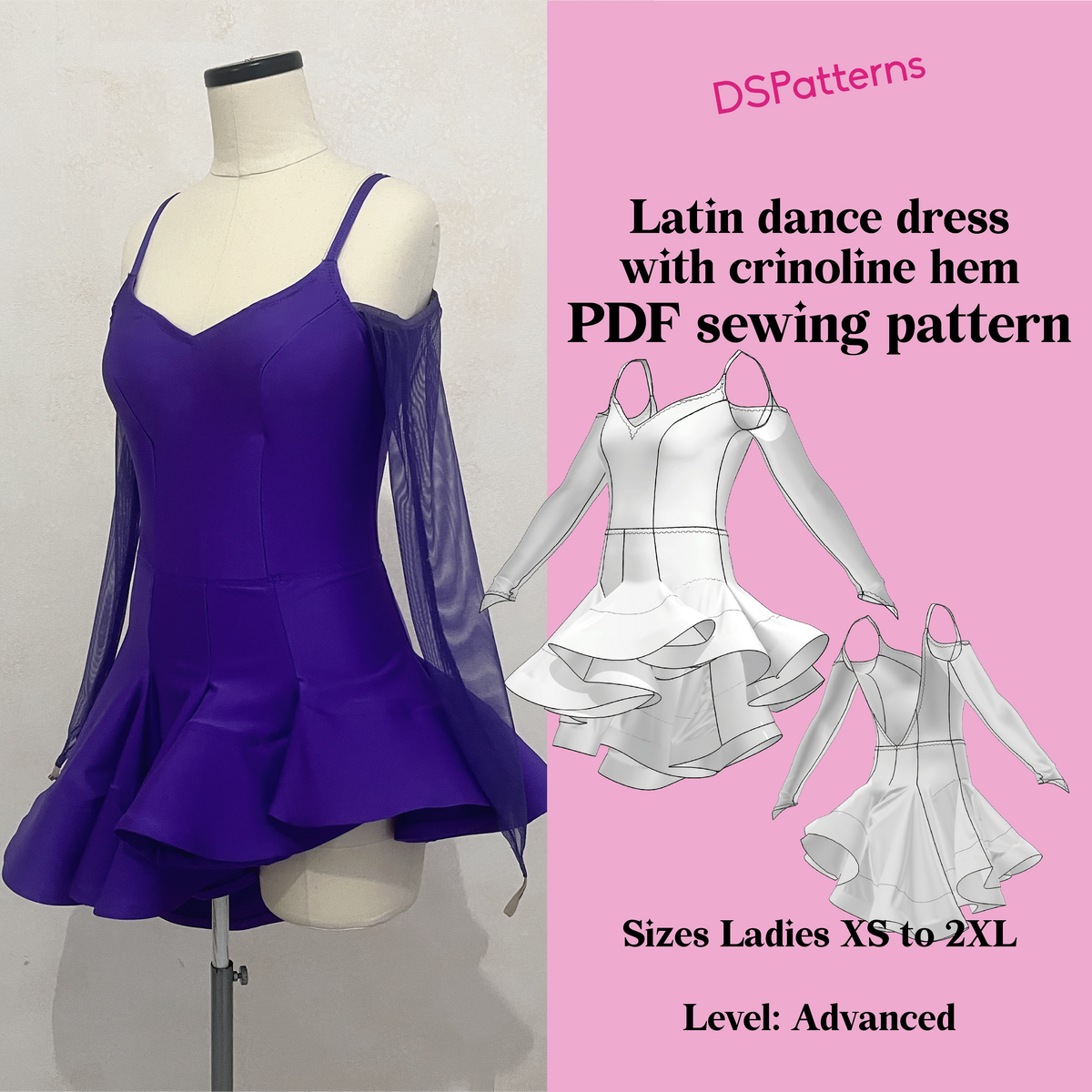 Latin Dance Dress Sewing Pattern - Off-Shoulder Sweetheart Neckline Crinoline Hem Women XS-2XL - Instant Download