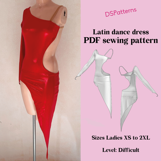 Asymmetrical Latin Dance Dress Sewing Pattern PDF – One Sleeve Ballroom Dance Costume – Women XS-2XL – Instant Download