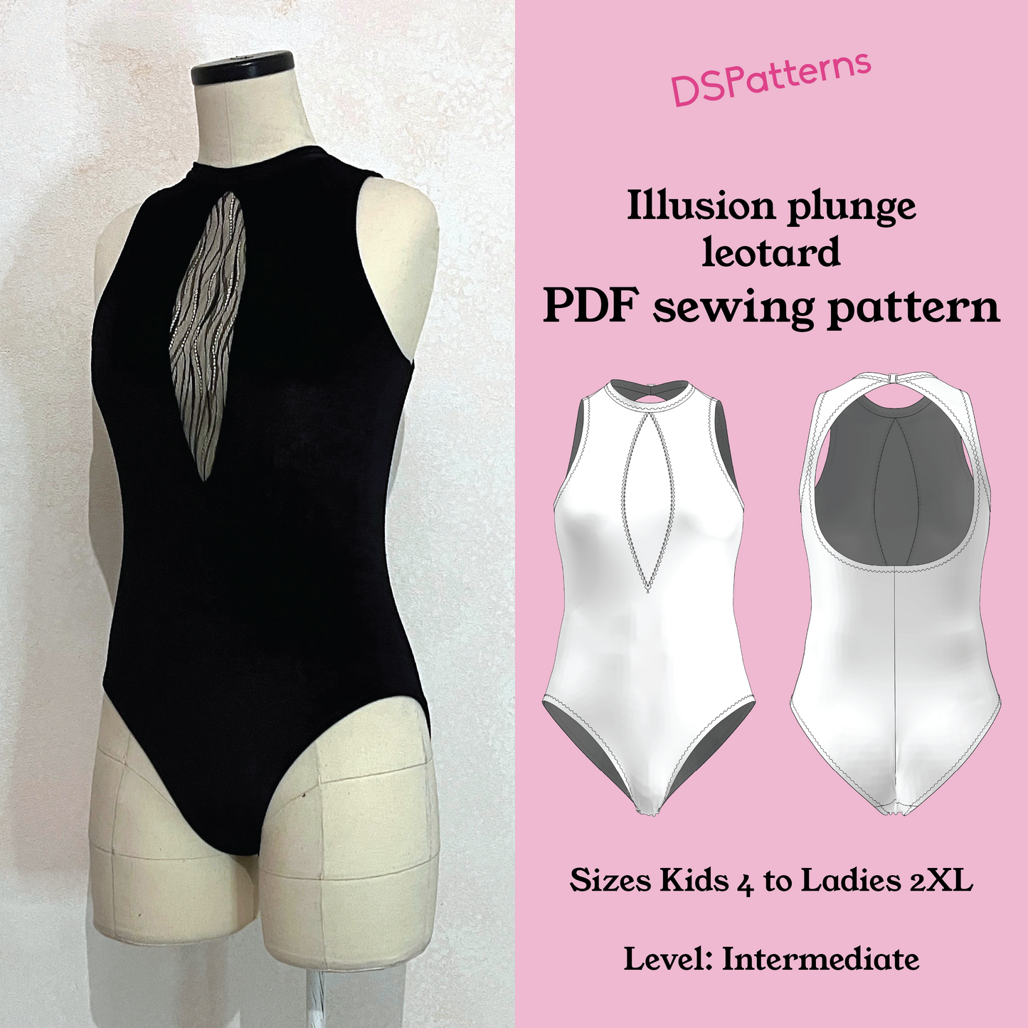 Sewing pattern PDF Illusion Plunge keyhole mock neckDance Leotard | Kids 4–12 , woman S-2XL