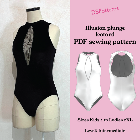 Sewing pattern PDF Illusion Plunge keyhole mock neckDance Leotard | Kids 4–12 , woman S-2XL