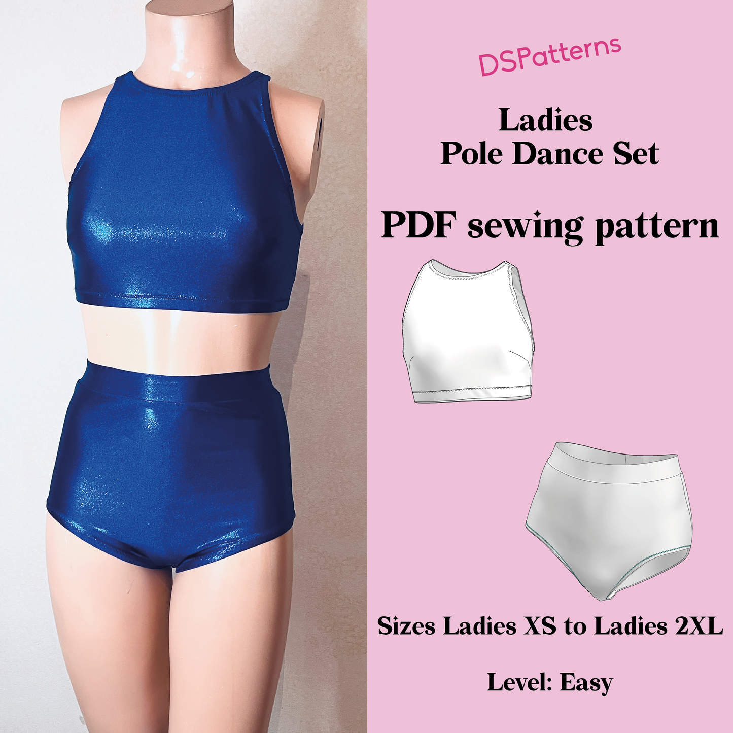 Pole Dance Set Sewing Pattern – Halter Top & High Waist Shorts (Women Sizes)