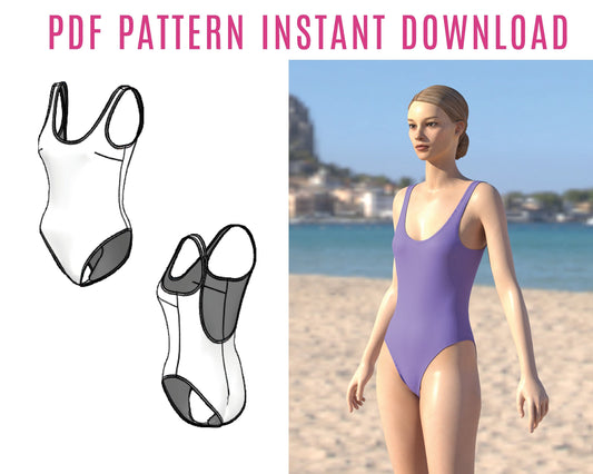 DIY Swimsuit Sewing Pattern PDF – Deep Back Neckline & High Legcut | Instant Download
