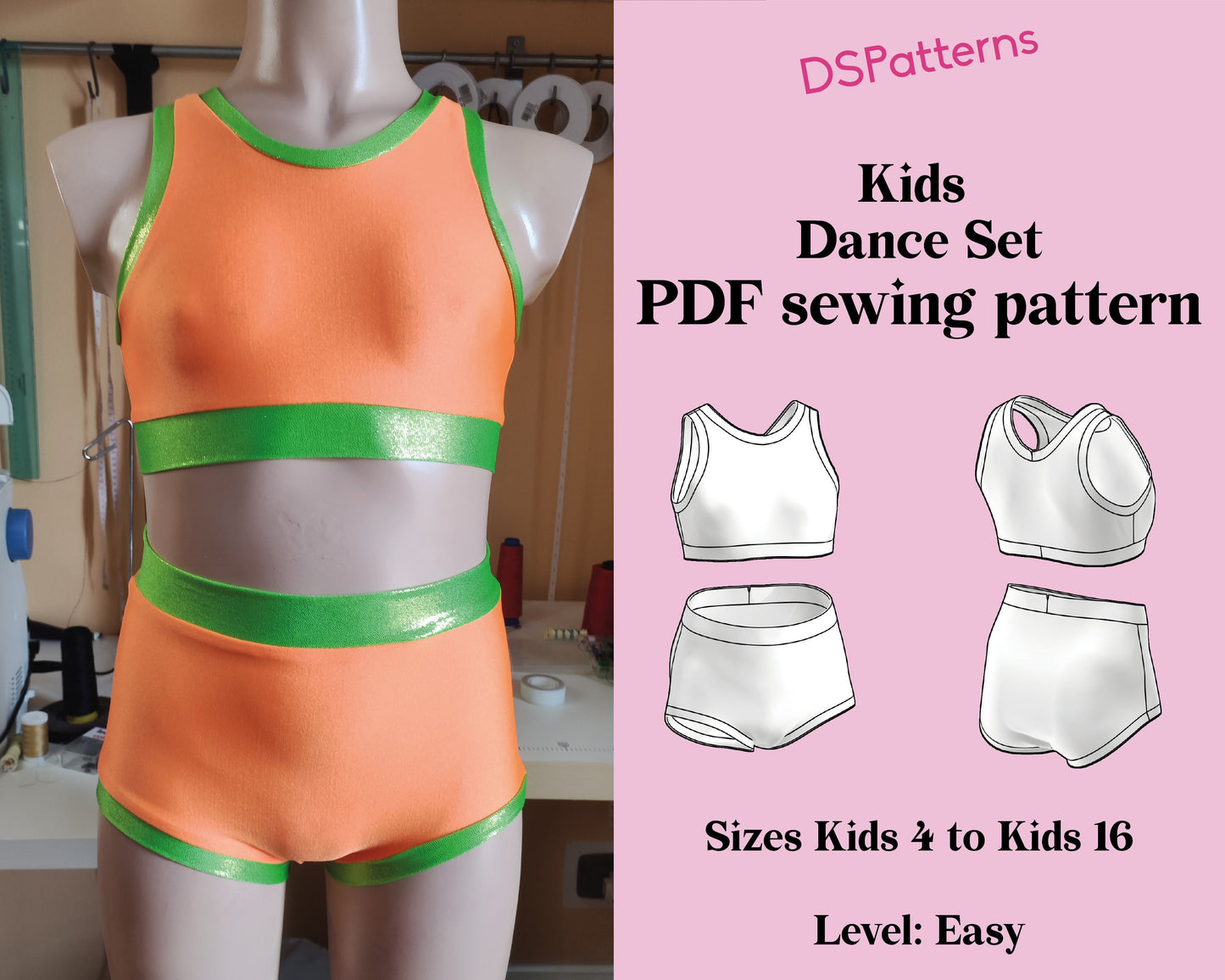 Cartamodello PDF per abito da ballo fai da te per bambina: top con scollo all'americana e pantaloncini a vita alta