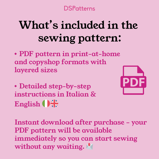 The image is a pink background with black text providing information about a sewing pattern. It includes details about the sewing pattern, such as a PDF pattern in print-at-home and copyshop formats, detailed step-by-step instructions in Italian and English, and the option to download the pattern after purchase. The image also features a small icon of a letter 'P' and a flag, which is the Italian flag. The text is concise and straightforward, avoiding redundancy and vague wording.