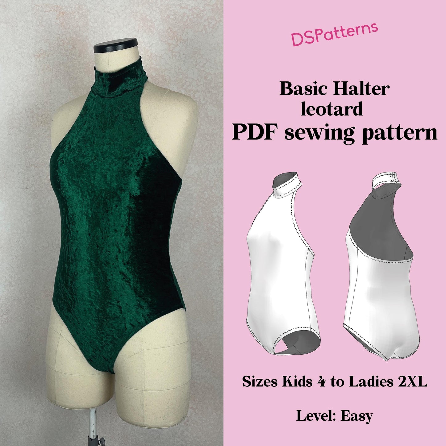 Leotard Sewing Pattern PDF High Neck Halter Basic Dance Leotard | Kids 4–2XL